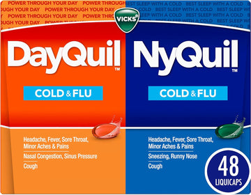 Vicks Dayquil And Nyquil Combo Pack, Cold & Flu Medicine, Powerful Multi-Symptom Daytime And Nighttime Relief For Headache, Fever, Sore Throat, Cough, 48 Count, 32 Dayquil And 16 Nyquil Liquicaps