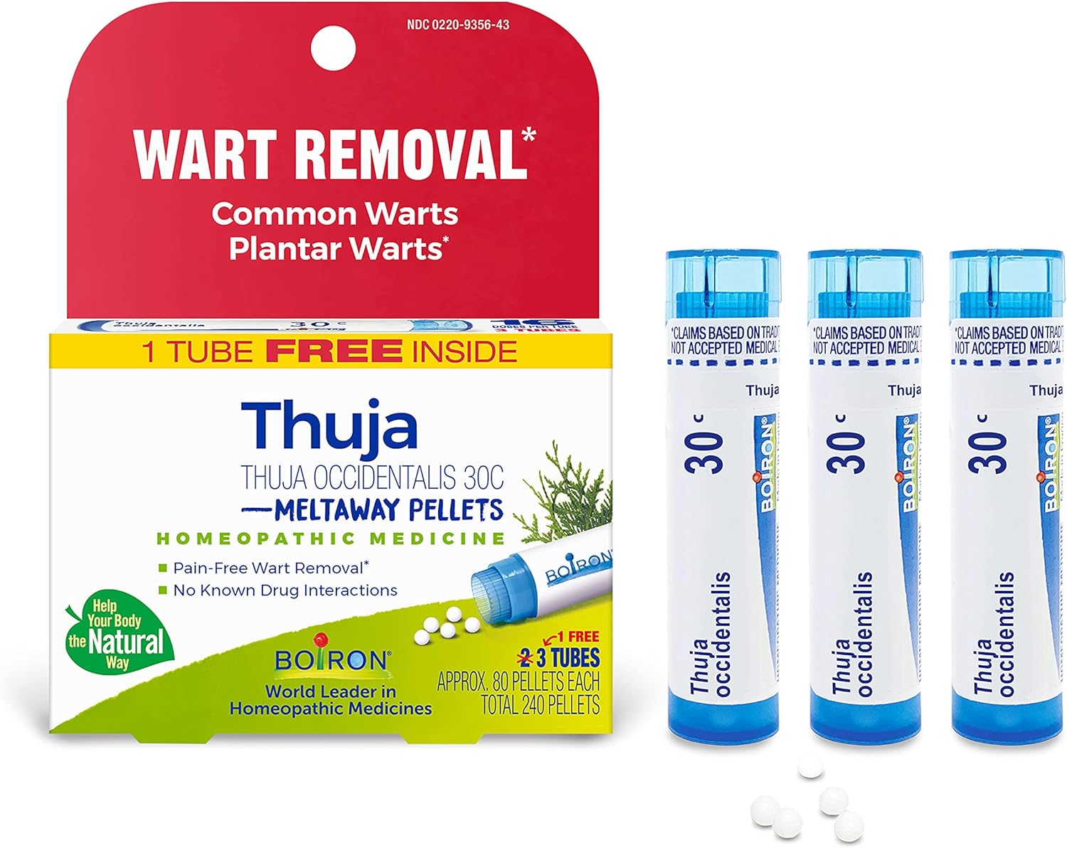 Boiron Thuja Occidentalis 30C Wart Removal Homeopathic Medicine For Painless Removal Of Warts From Plantar (Feet), Hands, And Other Bodily Warts - 3 Count (240 Pellets)