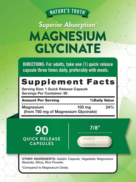 Nature'S Truth Magnesium Glycinate | 750Mg | 90 Quick Release Capsules | High Absorption Chelated Formula | Non-Gmo & Gluten Free Supplement