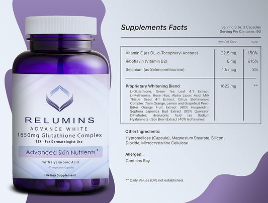 Relumins Advance White 1650mg 15x Glutathione Complex - Enhanced Version with Alpha-lipoic Acid and Hyaluronic Acid - Dietary Supplement - 90 Vegetarian Capsules