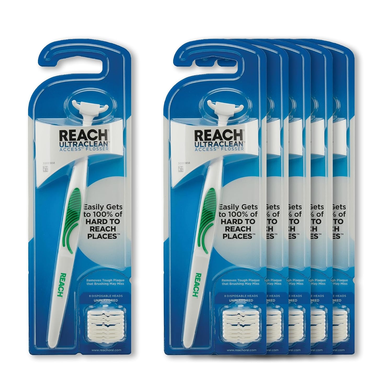 REACH® Listerine Ultraclean Access Flosser Starter Kit | Dental Flossers | Refillable Flosser | Effective Plaque Removal | 1 Handle with 8 Refill Heads | 6 Pack