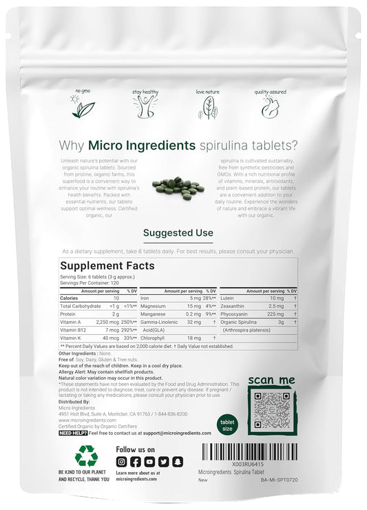 Micro Ingredients Organic Spirulina Supplement, 3000Mg Per Serving, 720 Tablets (4 Month Supply), No Filler & Non-Gmo, Rich In Vegan Protein, Vitamins & Prebiotics, Premium Spirulina Pills