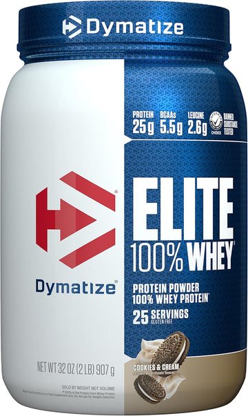 Dymatize Elite 100% Whey Protein Powder, 25G Protein, 5.5G Bcaas & 2.7G L-Leucine, Quick Absorbing & Fast Digesting For Optimal Muscle Recovery, Cookies & Cream, 2 Pound, 25 Servings