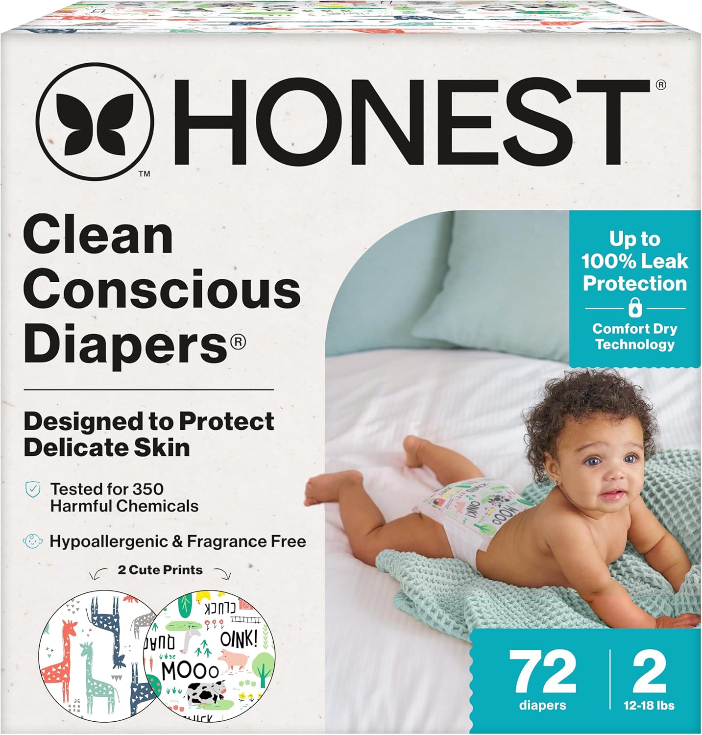 The Honest Company Clean Conscious Diapers For Delicate Skin | Up To 100% Leakproof | Hypoallergenic, Fragrance Free | Girl Prints | Super Club Box, Size 6 (35+ Lbs), 68 Count (Prints May Vary)