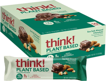 Think! Vegan/Plant Based High Protein Bars - Sea Salt Almond Chocolate, 13G Protein, 5G Sugar, No Artificial Sweeteners, Non Gmo Project Verified, 10 Count (Packaging May Vary)