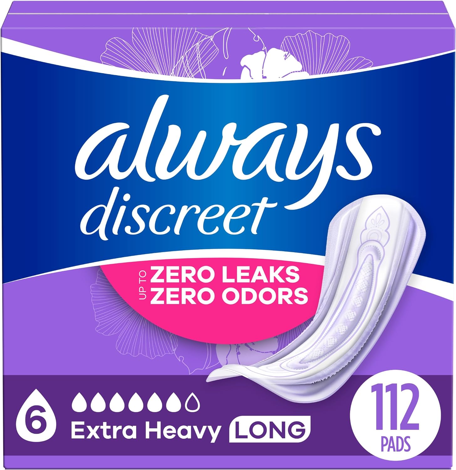 Always Discreet Adult Incontinence Pads for Women and Postpartum Pads, Extra Heavy Long, up to 100% Bladder Leak Protection, 112 Count (Packaging May Vary)