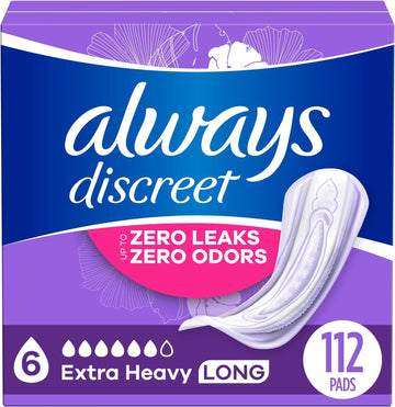 Always Discreet Adult Incontinence Pads for Women and Postpartum Pads, Extra Heavy Long, up to 100% Bladder Leak Protection, 112 Count (Packaging May Vary)