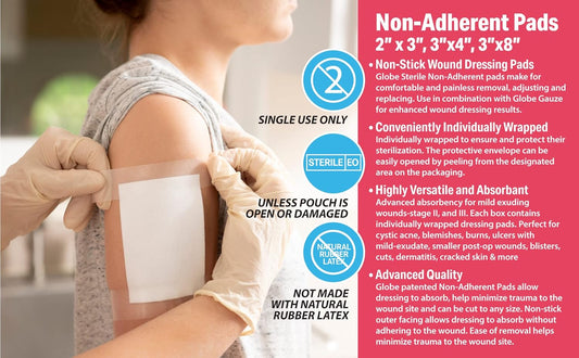 Globe Advanced Sterile Non-Adherent Pads| 100-Pack, 3” X 4”| Non-Adhesive Wound Dressing| Highly Absorbent & Non-Stick, Painless Removal-Switch| Individually Wrapped For Extra Protection (3 X 4)