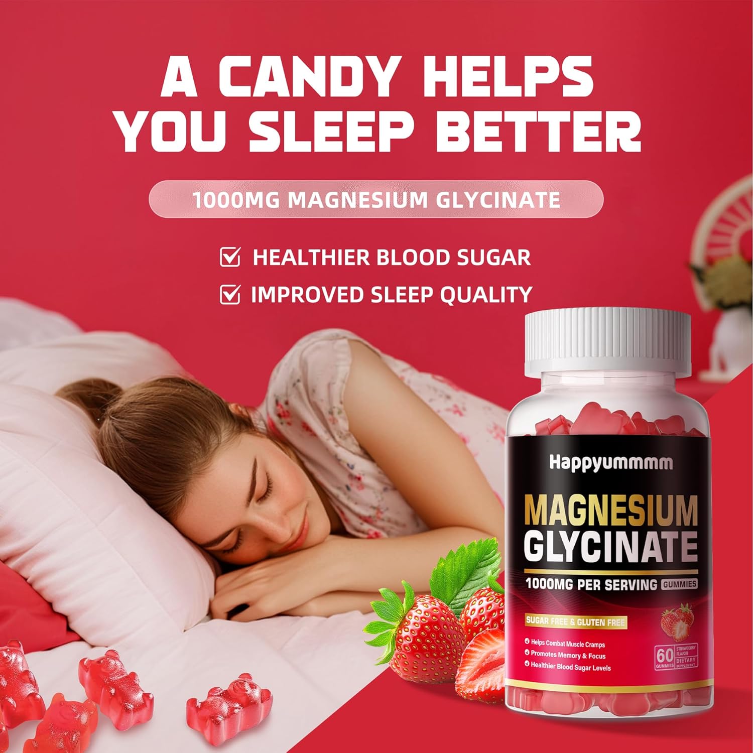 Magnesium Glycinate Gummies 1000Mg - Sugar Free Magnesium Potassium Supplement With Vitamin D, B6, Coq10 For Calm Mood & Sleep Support - 60 Orange Gummies : Health & Household