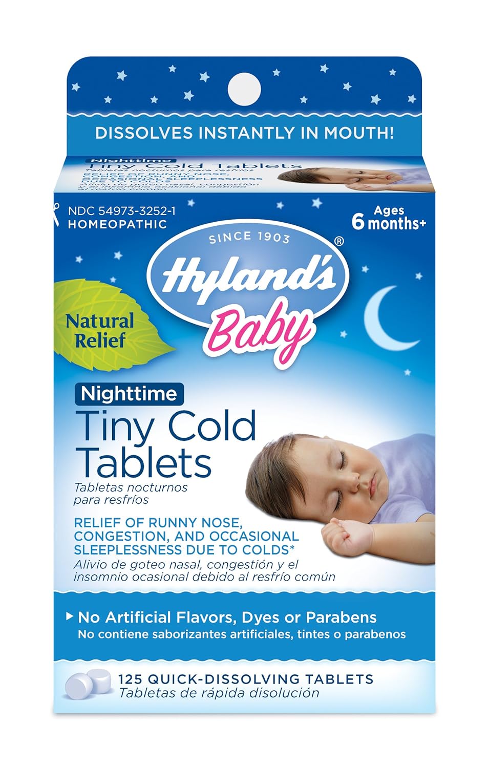 Hyland'S Baby Tiny Cold Tablets, Nighttime, Infant And Baby Cold Medicine, Decongestant, Runny Nose, Cough, & Occassional Sleeplessness Relief Due To Colds, 125 Quick-Dissolving Tablets