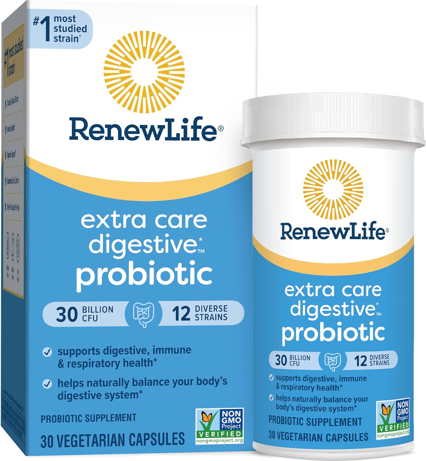 Renew Life Extra Care Digestive Probiotic Capsules, Daily Supplement Supports Immune, Digestive And Respiratory Health, L. Rhamnosus Gg, Dairy, Soy And Gluten-Free, 30 Billion Cfu, 30 Count