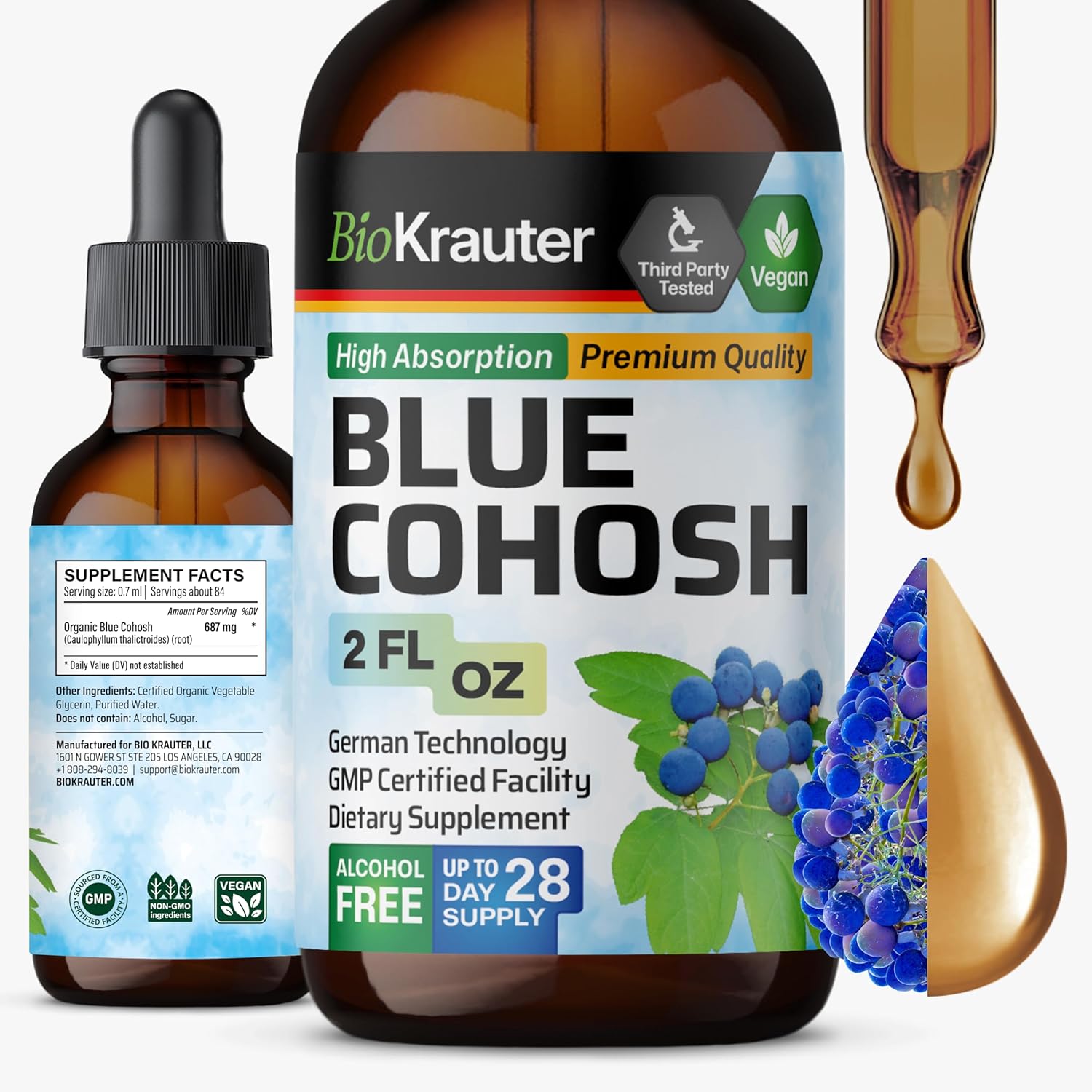 Bio Krauter Blue Cohosh Tincture - Caulophyllum Thalictroides Extract - Women’S Health Support - Alcohol And Sugar Free Liquid Blue Cohosh Extract - 2 Fl.Oz