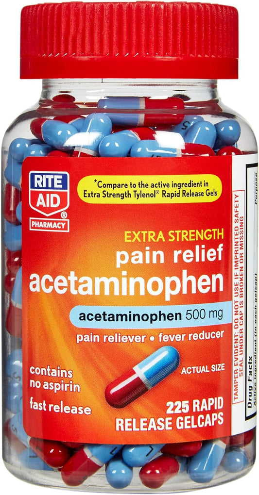 Rite Aid Extra Strength 500 mg Acetaminophen Pain Relief, Rapid Release Gelcaps - 225 Count | Pain Reliever, Joint Pain Relief | Muscle Pain Relief | Arthritis Pain Relief | Back Pain Relief Products : Health & Household