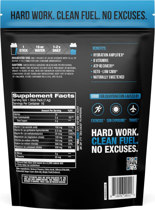 Jocko Fuel Hydrate Electrolytes Powder Packets No Sugar - Hydration Amplifier Packets For Recovery, Dehydration, & Exercise - With Vitamins B6, B12 & C (16 Packets) Blue Raspberry