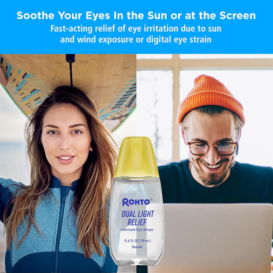 Rohto Dual Light Relief Cooling Lubricant Eye Drops, Protect Against Sun Irritation & Digital Eye Strain, Fast-Acting Relief Of Dry Eyes, Irritation, Grittiness, Burning & Stinging, 0.6 Fl Oz
