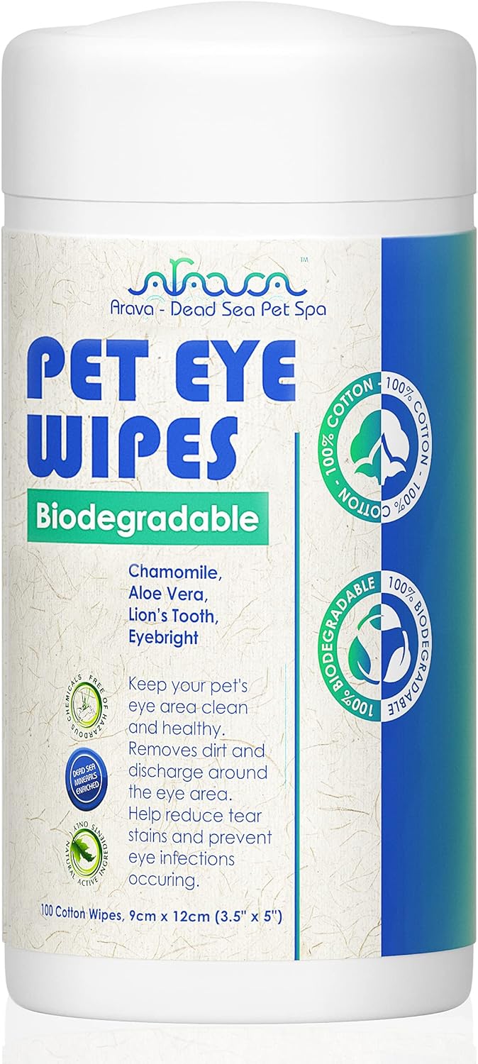 Arava Pet Eye Wipes - for Dogs Cats Puppies & Kittens - 100 Count - Natural and Aromatherapy Medicated - Removes Dirt Crust and Discharge - Prevents Tear Stains