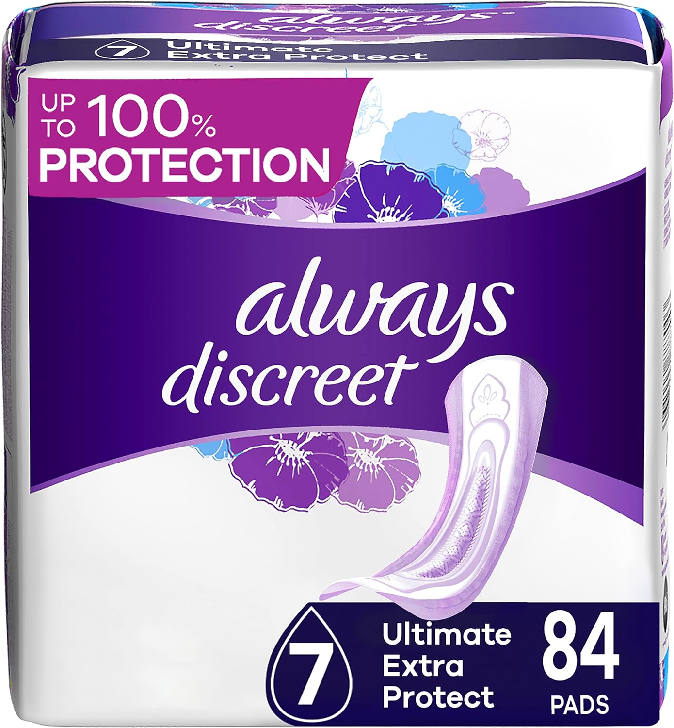 Always Discreet Adult Ultimate Extra Protection Incontinence & Postpartum Pads with Rapid Dry, 42 Count x Pack of 2 (84 Count Total)