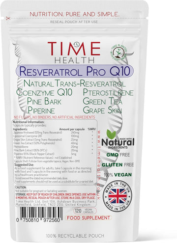 Resveratrol Pro Q10 Anti-Ageing Formula, Trans-Resveratrol, Coenzyme Q10, Pterostilbene, Pine Bark, Green Tea, Grape Skin, Piperine, Split Dose For Maximum Benefits - Pullulan (120 Capsules)