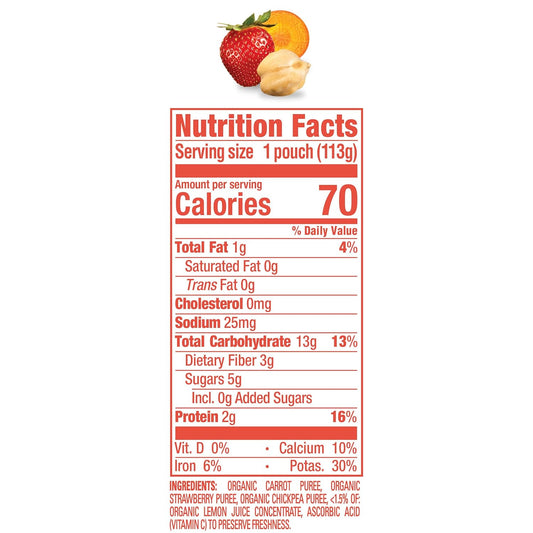 Happy Baby Organics Stage 2 Baby Food Pouches, Gluten Free, Vegan & Healthy Snack, Clearly Crafted Fruit & Veggie Puree, Carrots, Strawberries & Chickpeas, 4 Ounces (Pack Of 16)