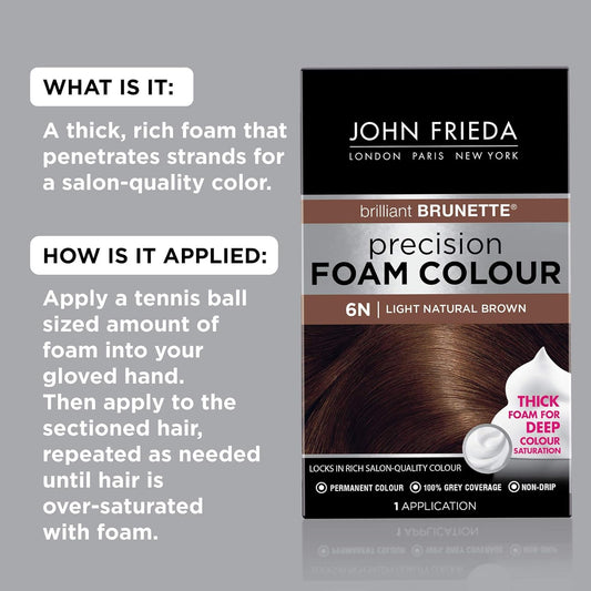 John Frieda Brown Permanent Precision Foam Hair Color Kit, Light Brown Hair Dye, 6N Light Natural Brown Hair Coloring Kit, 1 Application