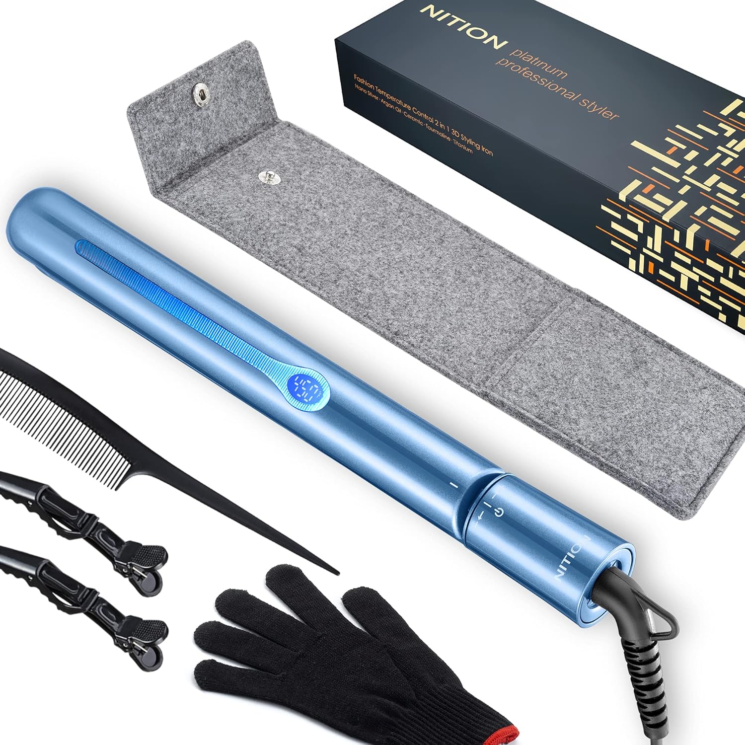 Nition Nano Titanium Hair Straightener 1" Heating Plate Smooth Straightening Flat Iron For Hair. Lcd 265-450°F Adjustable For All Hair Type. Travel Pouch Bag Included. Mch Fast Heating Up. Blue