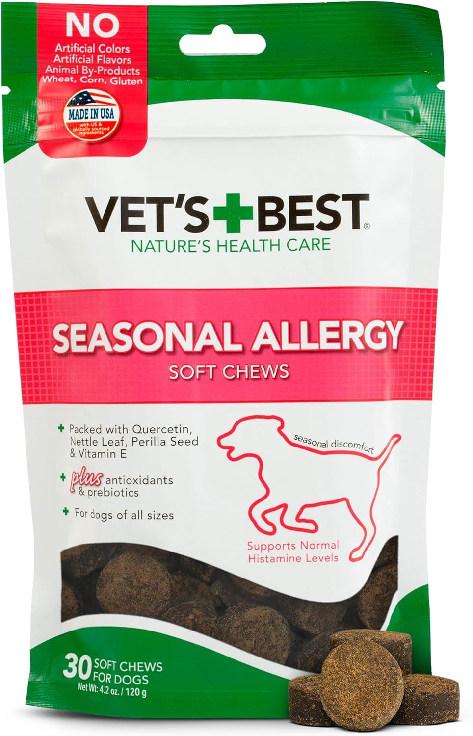 Vet's Best Seasonal Allergy Soft Chew Dog Supplements | Soothes Dogs Skin Irritation Due To Seasonal Allergies | 30 Day Supply