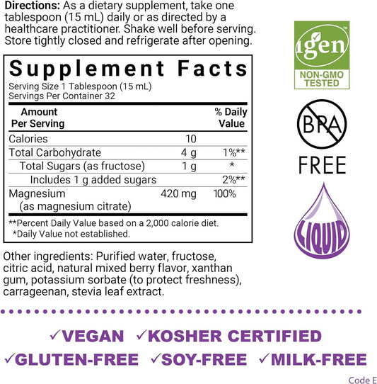 Bluebonnet Nutrition Magnesium Citrate 420 mg - Calm Mind & Body* ? Supports Heart, Muscle & Sleep* - Non-GMO, Vegan, Kosher, Gluten-Free, Soy-Free, Milk-Free - 16 FL OZ, Mixed Berry Flavor