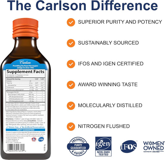 Carlson - Kid'S The Very Finest Fish Oil, 800 Mg Omega-3S, Norwegian, Sustainably Sourced, Orange, 200 Ml