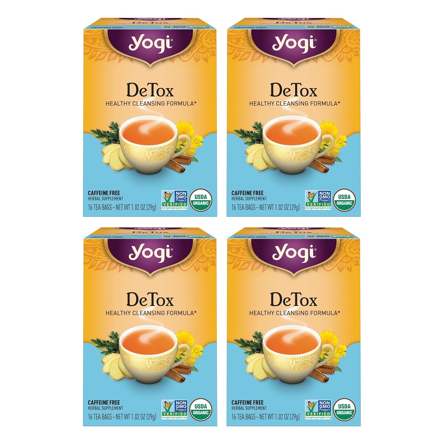 Yogi Tea Detox Tea - 16 Tea Bags Per Pack (4 Packs) - Organic Detox Tea For Digestive & Circulation Support - Includes Burdock, Dandelion, Ginger Root, Black Pepper, Cardamom & Juniper Berry