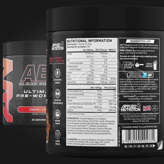 Applied Nutrition Abe Pre Workout - All Black Everything Pre Workout Powder, Energy & Physical Performance With Citrulline, Creatine, Beta Alanine (375G - 30 Servings) (Swizzels Refreshers Lemon)