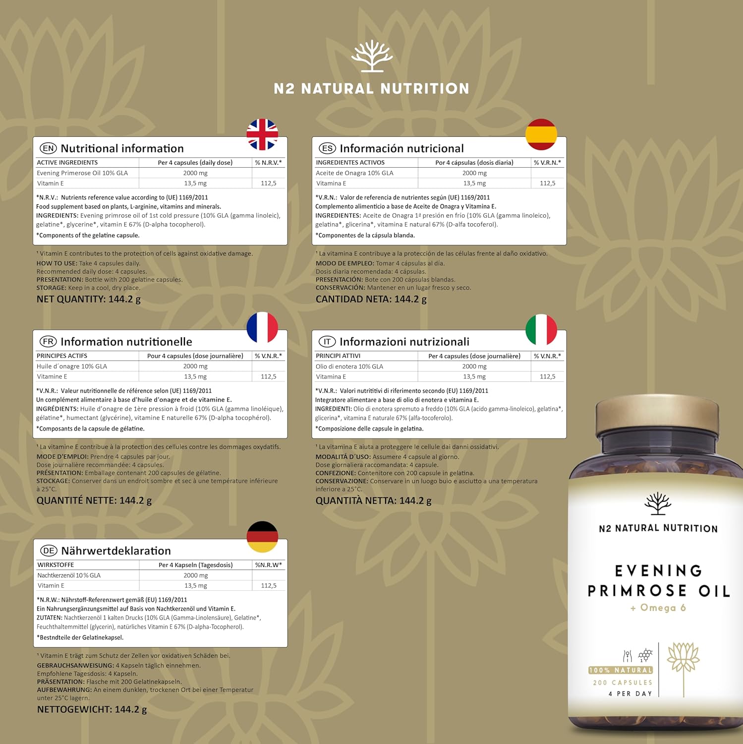 Evening Primrose Oil 2000 mg per dose, GLA Omega 6 200mg + Vitamin E. 200 High Strength Softgels, Easy Swallow, Cold Pressed. Menopause, Skin and Nails Care. Made in EU. N2 Natural Nutrition. : Amazon.co.uk: Health & Personal Care