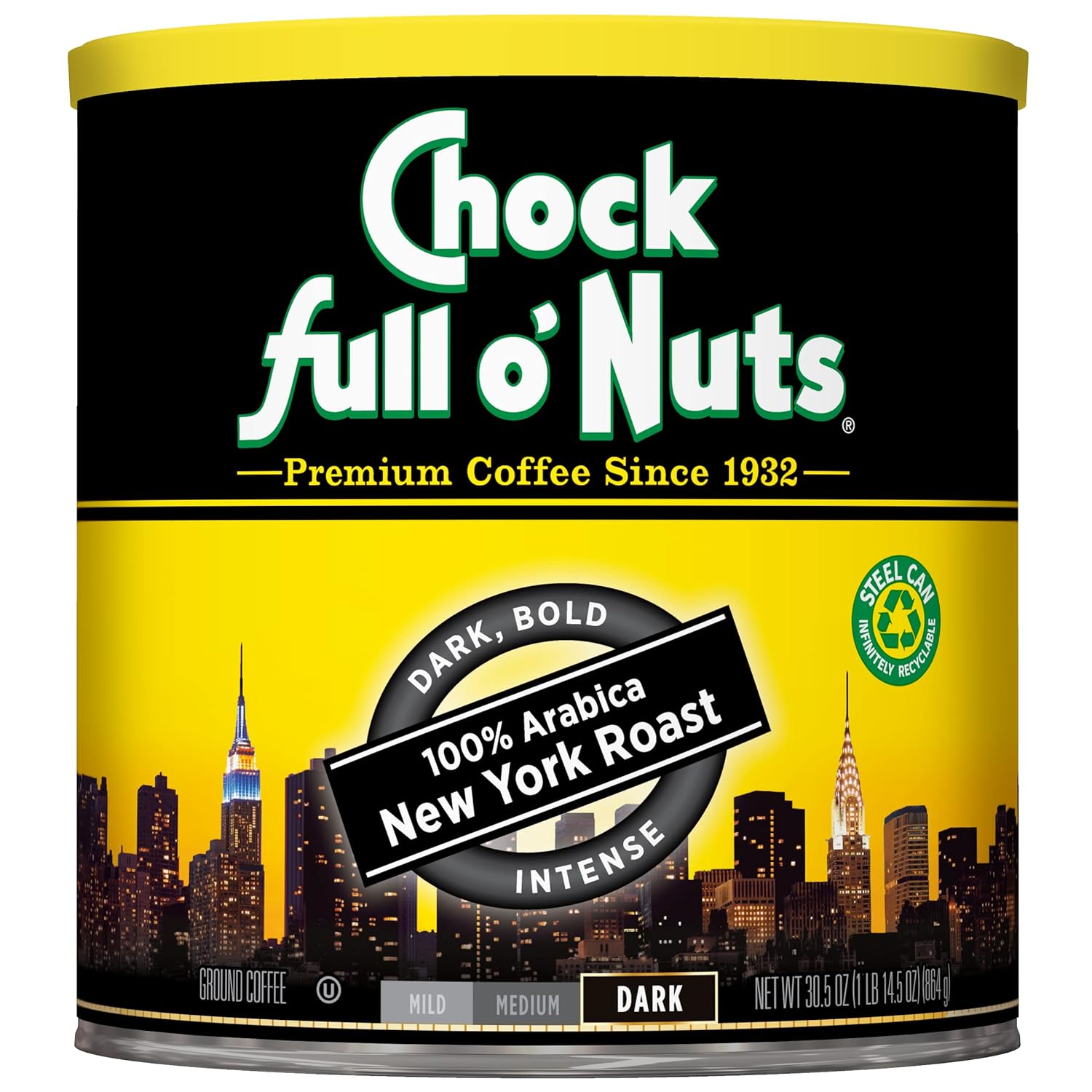 Chock Full o’Nuts New York Roast, Dark Roast Ground Coffee – Gourmet Arabica Coffee Beans – Bold, Full-Bodied and Intense Coffee (30.5 Oz. Can)