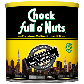 Chock Full o’Nuts New York Roast, Dark Roast Ground Coffee – Gourmet Arabica Coffee Beans – Bold, Full-Bodied and Intense Coffee (30.5 Oz. Can)