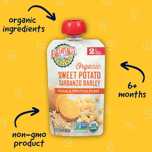 Earth'S Best Organic Baby Food Pouches, Stage 2 Protein And Veggie Puree For Babies 6 Months And Older, Organic Sweet Potato Garbanzo Barley, 3.5 Oz Resealable Pouch (Pack Of 12)