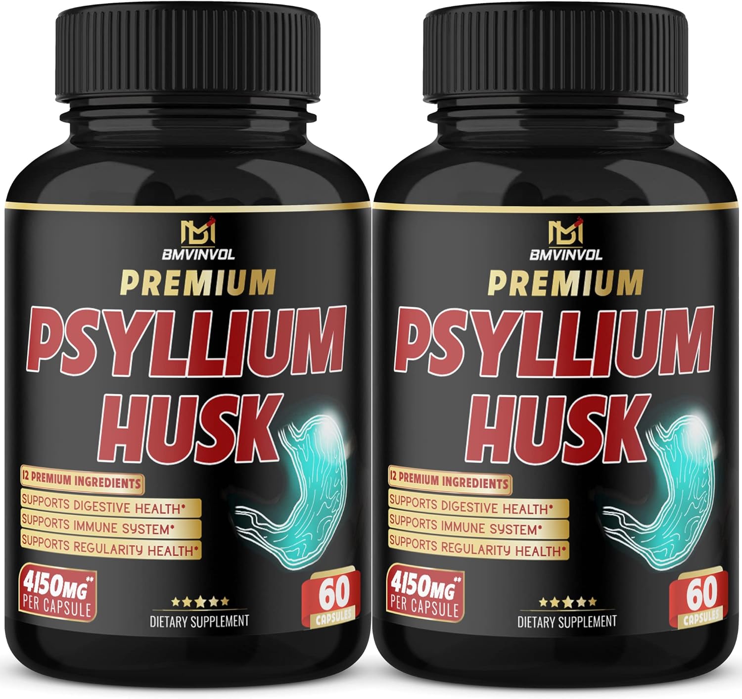 BMVINVOL (2 Packs) Premium Psyllium Husk Capsules 4150mg - 4 Months Supply - Ginger, Fenugreek, Turmeric - Psyllium Fiber Capsules for Supports Digestion & Regularity