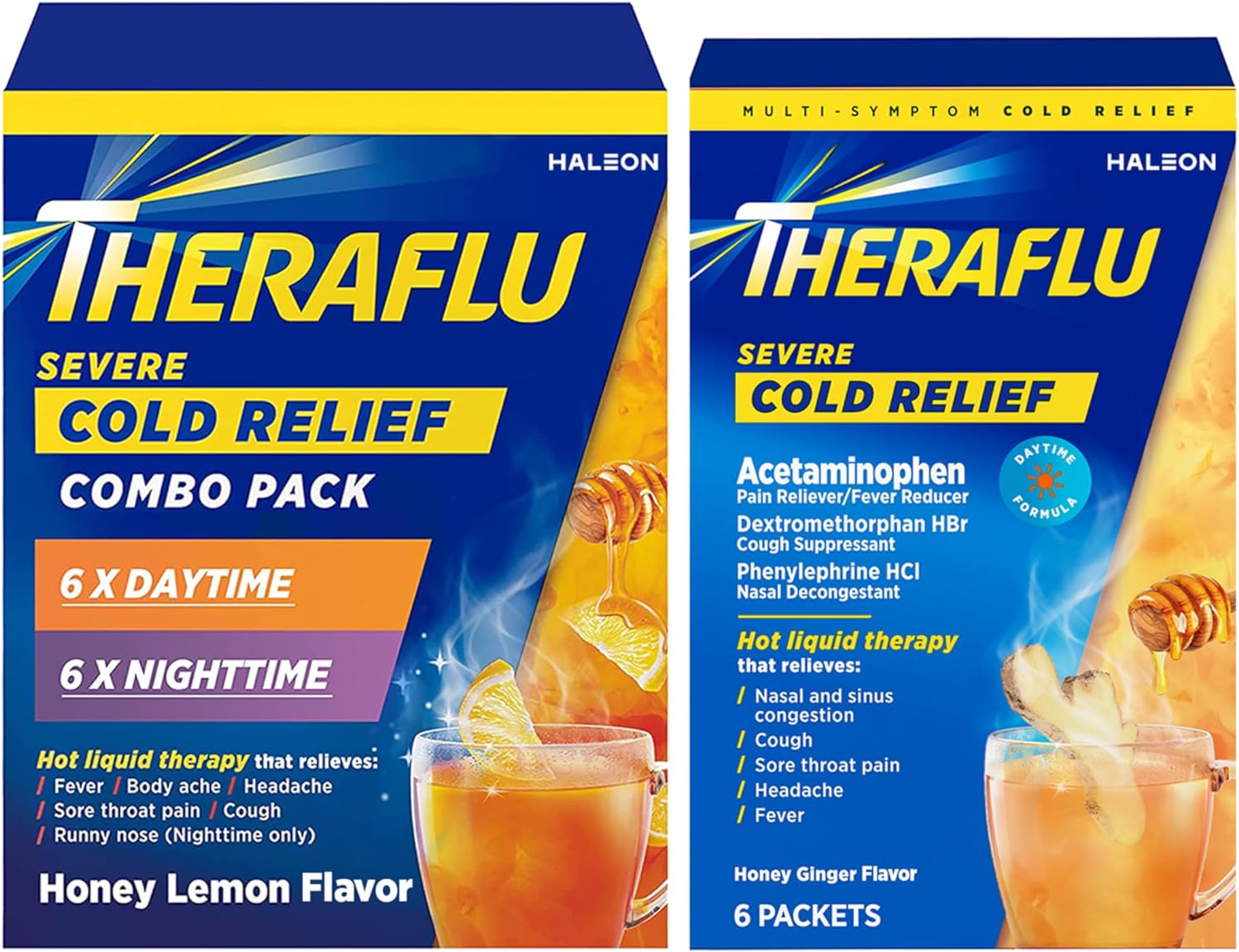 Theraflu Severe Cold Relief Hot Liquid Powder Combo: 12ct Daytime/Nighttime Honey Lemon Flavor + 6ct Daytime Honey Ginger Flavor