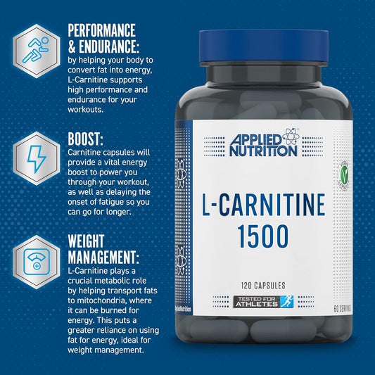 Applied Nutrition L-Carnitine 1500Mg - Carnitine Supplement Premium L-Tartrate Form, High Strength, Energy Boost & Weight Management (120 Capsules - 60 Servings)