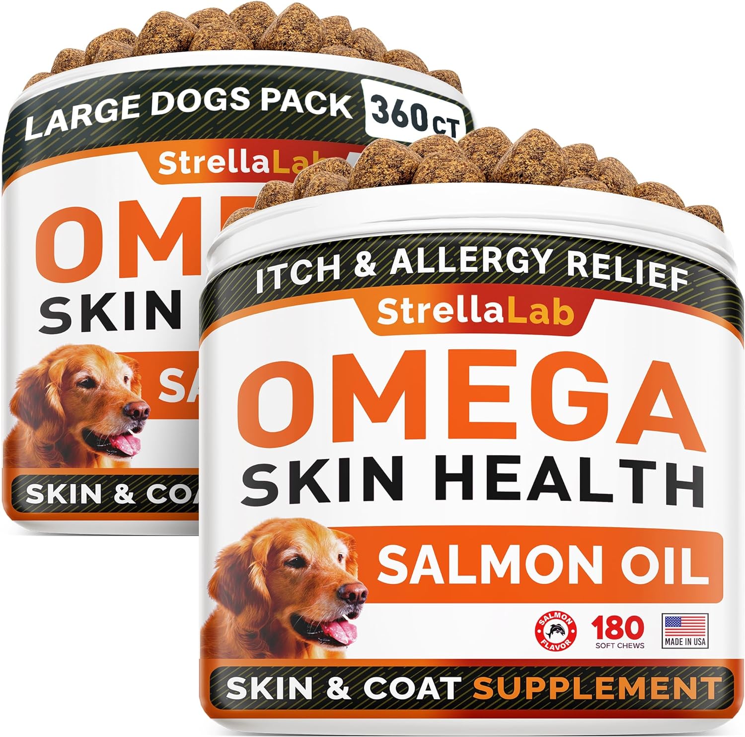 STRELLALAB Omega 3 for Dogs - (360Ct) Fish Oil Treats - Allergy & Itch Relief Skin&Coat Supplement - Dry Itchy Skin, Shedding, Hot Spots Treatment, Anti Itch - Pet Salmon Oil Chews - Salmon Flavor