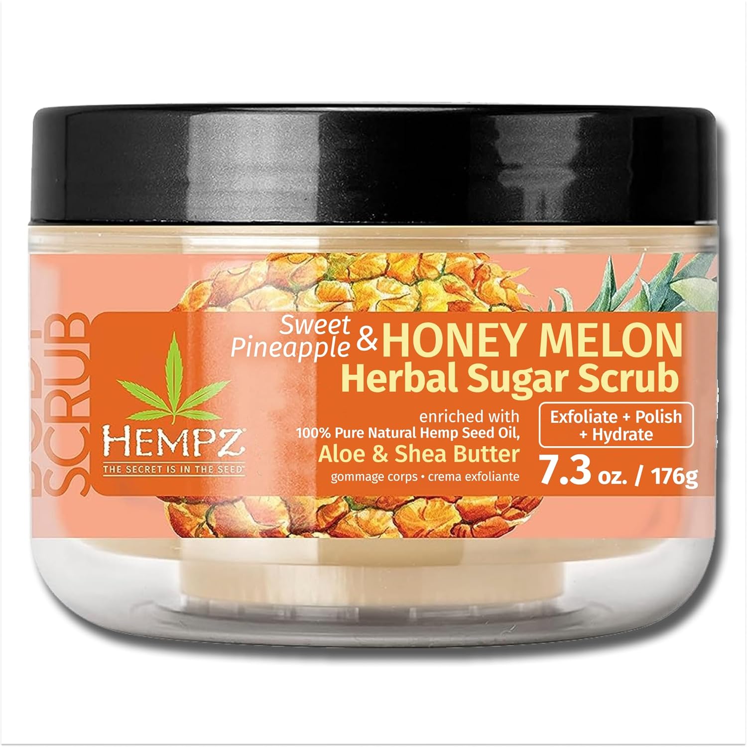 Hempz Sugar Body Scrub All Natural Exfoliating Shea Butter, Sugar, And Salt - For Women, Men, And Teens, 7.3 Fl Oz (Pineapple & Honey Melon)