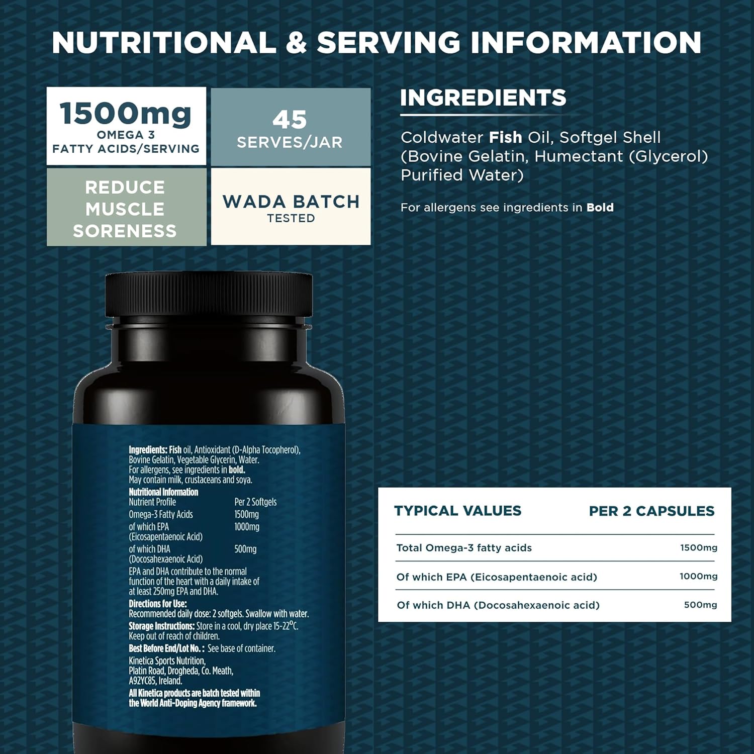 Kinetica Sports Omega-3 Fish Oil | 1500mg Omega-3 Fatty Acids, 1000mg EPA & 500mg DHA/Serve, 45 Servings/90 Capsule Pack | 2 Capsules/Day | Reduces Muscle Soreness with Anti-Inflammatory Properties : Amazon.co.uk: Health & Personal Care
