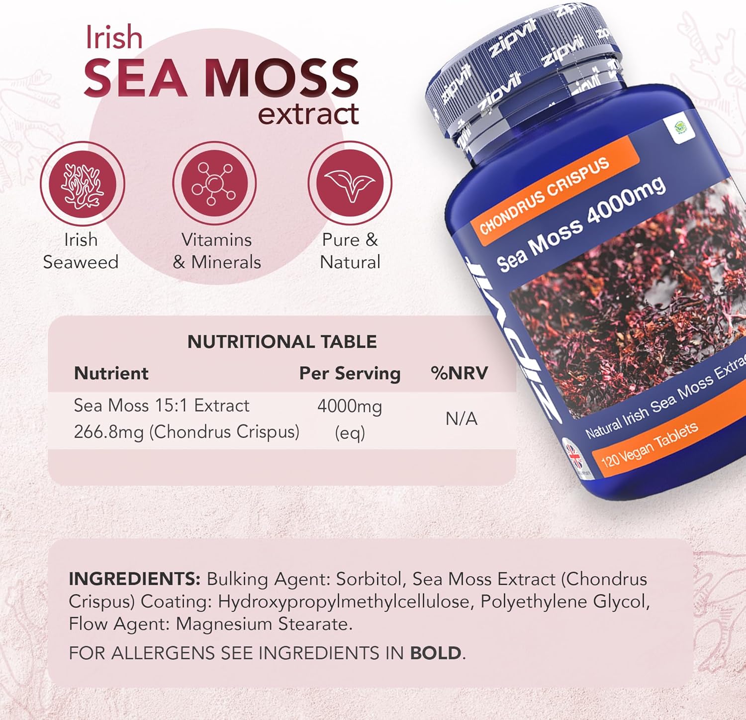Zipvit Irish Sea Moss 4000mg, 120 Vegan Tablets, High Strength Superfood, Naturally Rich in Minerals, 2 Month Supply, Responsibly Sourced Seaweed : Amazon.co.uk: Health & Personal Care