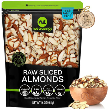 Nut Cravings - Natural Sliced Almonds - Raw, (16Oz - 1 Lb) Packed Fresh In Resealable Bag - Nut Snack - Healthy Protein Food, All Natural, Keto, Vegan, Kosher Ideal For Trail Mixed Nuts