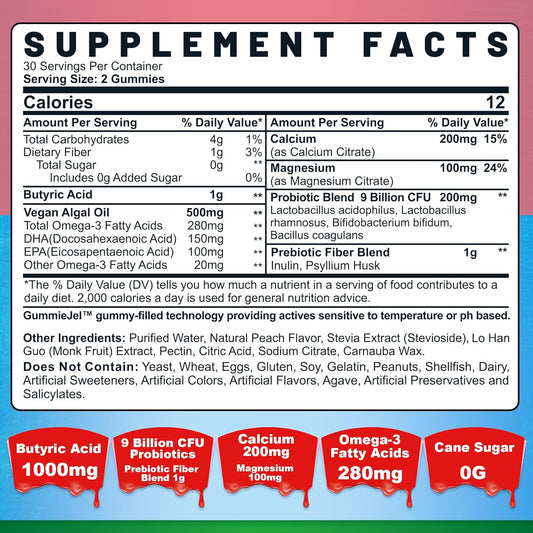 Butyrate Gummies With Probiotic + Prebiotic + Postbiotic, Omega-3 500Mg,Fiber With 9 Billion Cfu Probiotics, Calcium & Magnesium, Inulin,Psyllium Husk For Digestive Health,Bloating Support,Sugar Free