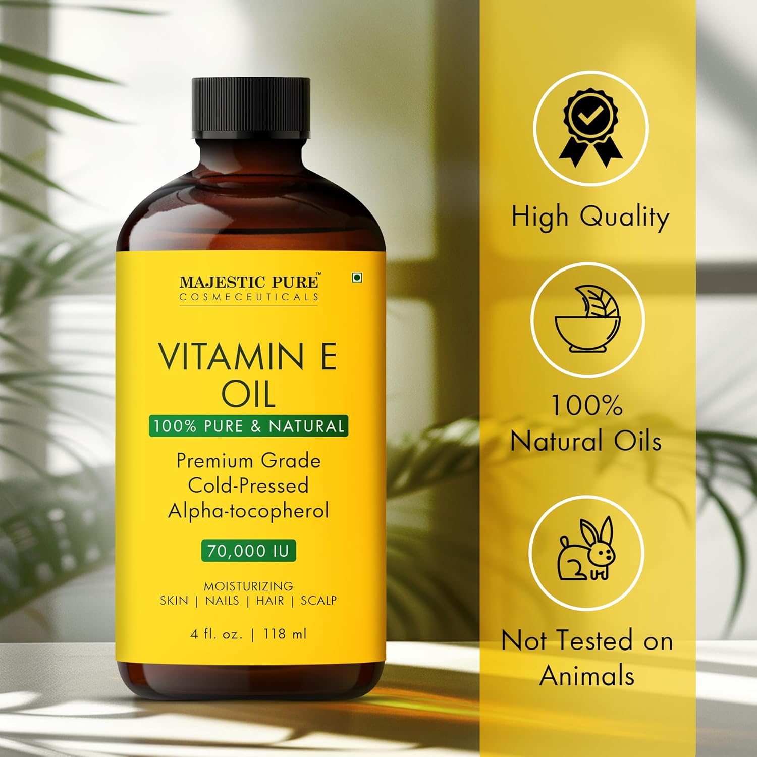Majestic Pure Vitamin E Oil - 100% Pure & Natural, 70,000 Iu | Premium Grade, Cold-Pressed And Tocopherol To Repair Dry, Damaged Skin| Moisturizing Skin, Hair And Scalp 4 Fl Oz : Beauty & Personal Care