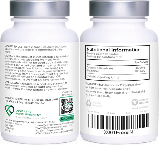 Quercetin & Bromelain Supplement | 60 Capsules -30 Servings | Powerful Antioxidant | 1000Mg Quercetin (From Sophora Japonica) And 500 Gdu Bromelain (From Pineapple) Per Serving | Love Life Supplements