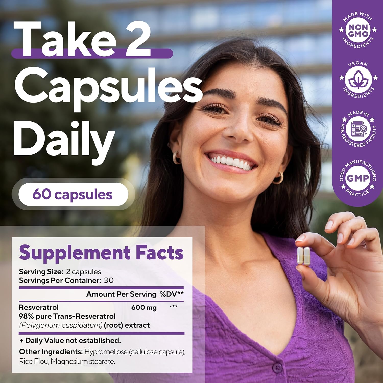 Vitaup Trans-Resveratrol Supplement – Usa Made Resveratrol Capsules 600Mg - Standardized To 98% Trans-Resveratrol – Antioxidant For Healthy Aging, Energy & Cardiovascular Support – 60 Capsules