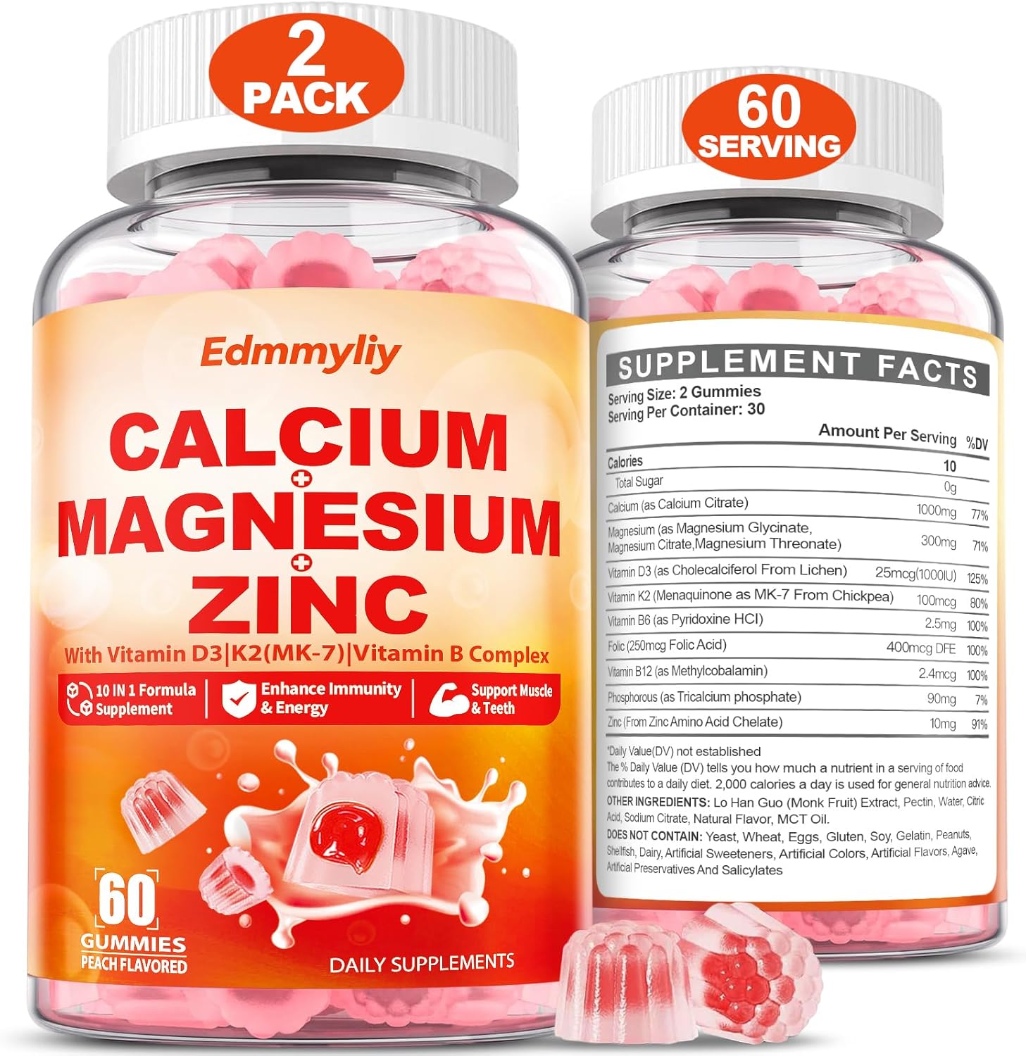 Calcium Magnesium Zinc Supplement Gummies With Vitamin D3 K2 & B Complex For Women Men 1000Mg Calcium Citrate With Magnesium Gummies For Bone, Muscles & Immune Support, Sugar Free, Vegan