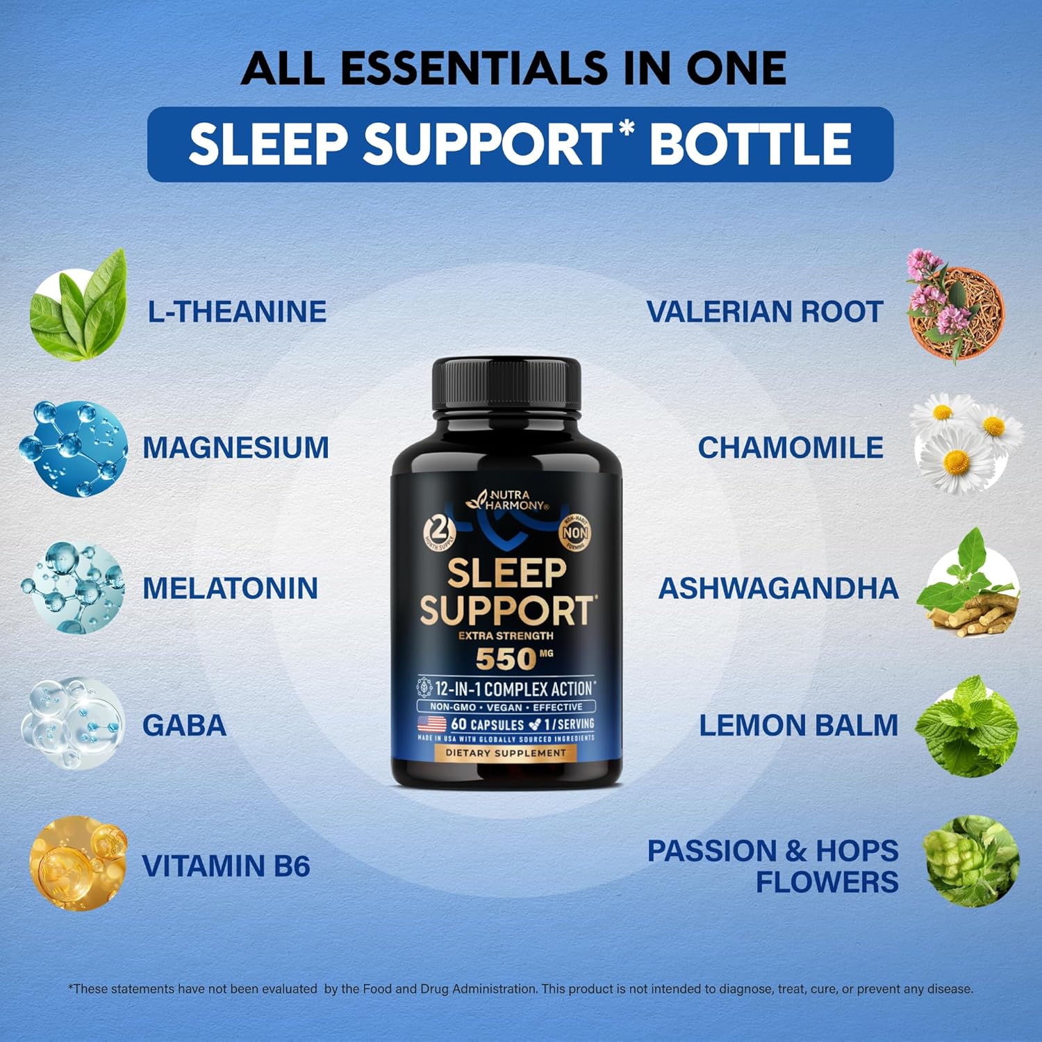 Sleeping Pills For Adults 550Mg - Valerian Root For Sleep | Melatonin 3Mg | L-Theanine | Magnesium - Natural Sleep Aid Supplement - Non-Habit Forming Rest Support - Made In Usa - 1/Day | 60 Capsules : Health & Household