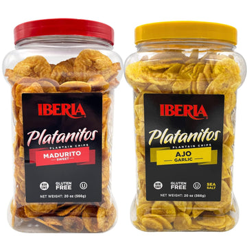 Iberia Garlic Plantain Chips, 20 Oz. + Iberia Maduritos Naturally Sweet Plantain Chips, 20 Oz