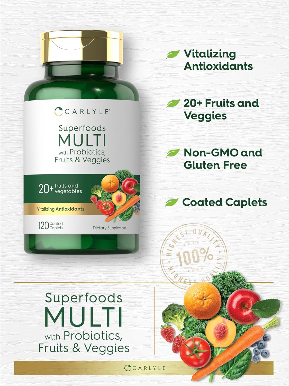 Carlyle Fruits and Veggies Supplement | 120 Count | Superfood Multivitamin with Probiotics | Made with 20 Fruits and Vegetables | Non-GMO & Gluten Free Supplement : Health & Household